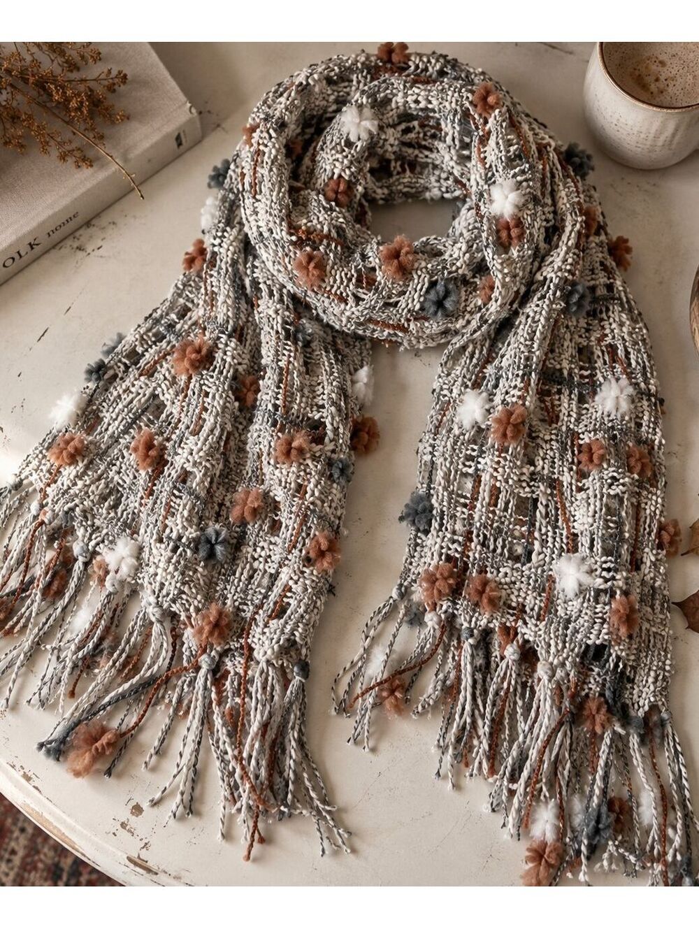 Boho Art Yarn Scarf Textured Gray Rust Fringe Artisan Eclectic Womens Statement